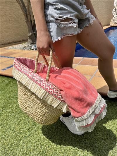 Straw basket and towel with raffia gimp braid and fringes